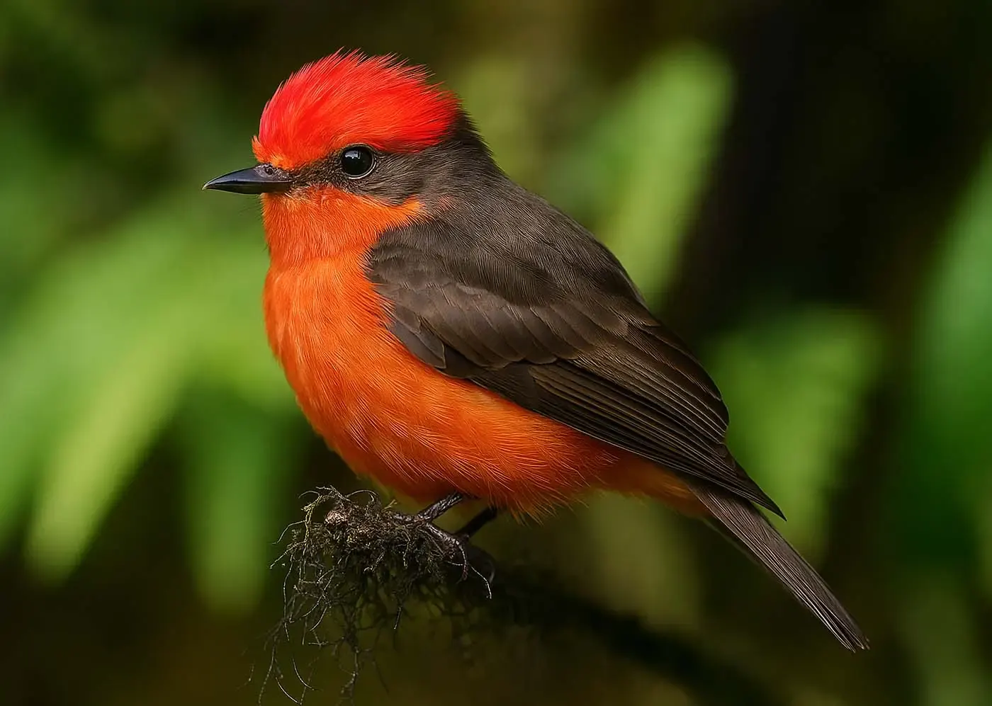 Brujo macho, pequeño mosquero rojo de Galápagos, posado en una rama